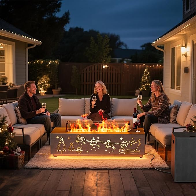 42 Outdoor Fire Pit Table 50000 BTU Gas Fire Pit with Glass Wind Guard Fire Stones Waterproof Cover Propane Fire Pit Table for Outside Patio Hollow-Out (Elk Brown)