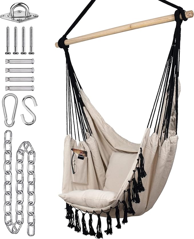 KOMOREBI Hammock Chair - Ivory Black - 60 x 47 - Hanging Rope Swing for Indoor &amp Outdoor - Soft &amp Durable Cotton Canvas - 2 Cushions Included - Large Macrame Hanging Chair for Bedroom Patio