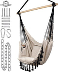 KOMOREBI Hammock Chair - Ivory Black - 60 x 47 - Hanging Rope Swing for Indoor &amp Outdoor - Soft &amp Durable Cotton Canvas - 2 Cushions Included - Large Macrame Hanging Chair for Bedroom Patio