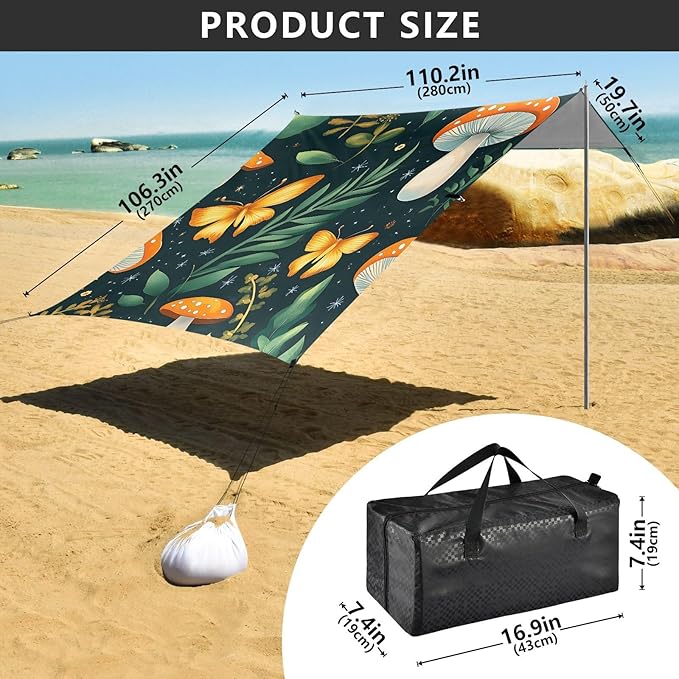 ALAZA Mushroom Butterfly Pattern Beach Tent Sun Shelter Portable Canopy Sunshade for Outdoor Camping Picnics Backyard Fun 10x9 ft