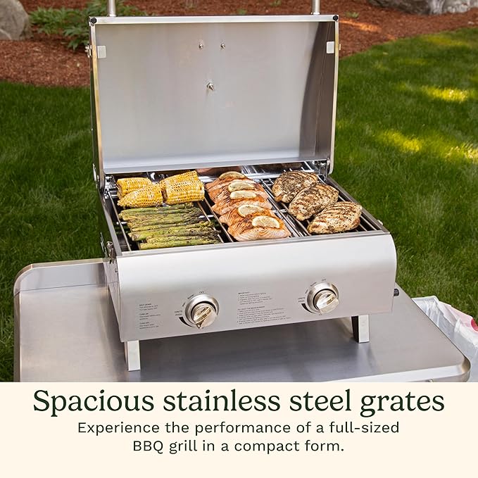 Cuisinart Chef's Style Tabletop Portable Propane Grill 20000 BTU Stainless Steel 2-Burner Outdoor Gas Grill for Camping Tailgates BBQ Hassle-Free Setup Twist-Start Ignition CGG-306