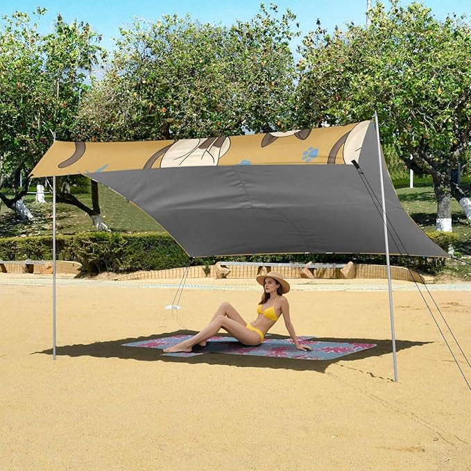 Beach Canopy with Windproof Ropes &amp Sandbags Beach Tent Sun Shade Sun Shelter for Camping Trips Fishing Backyard Fun or Picnics Cat