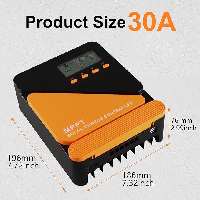 30A 100V MPPT Solar Charge Controller 12V/24V Auto Adaptive Dual 5V/3A USB Charging Port for LiFePO4 LA Lithium TL Gel Flooded and AGM Battery
