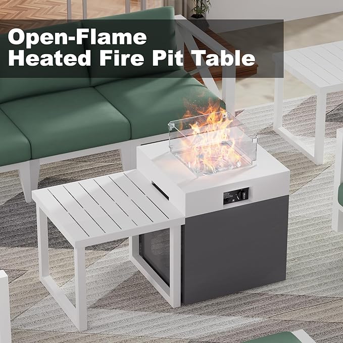 22 Aluminum Propane Fire Pit Table 37000 BTU Outdoor Gas Firepit with Lid Glass Wind Guard Waterproof Cover &amp Glass Stones for Patio Deck Garden 3-in-1 Tabletop DesignWhite