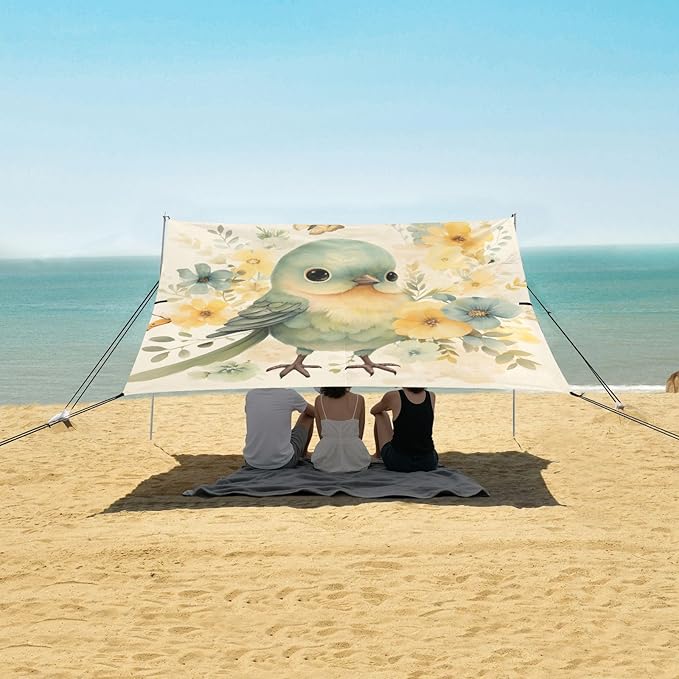 Cute Sparrow Flower Bird Beige Beach Tent UPF50+ Lightweight Portable Sun Shelter with Sandbags Sand Shovel Poles for Backyard and Camping