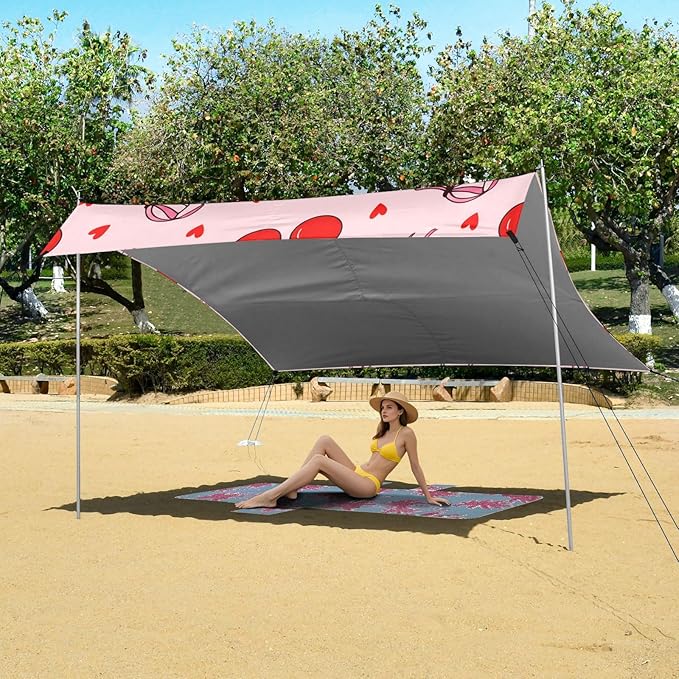 Beach Canopy with Windproof Ropes &amp Sandbags Beach Tent Sun Shade Sun Shelter for Camping Trips Fishing Backyard Fun or Picnics Cherry