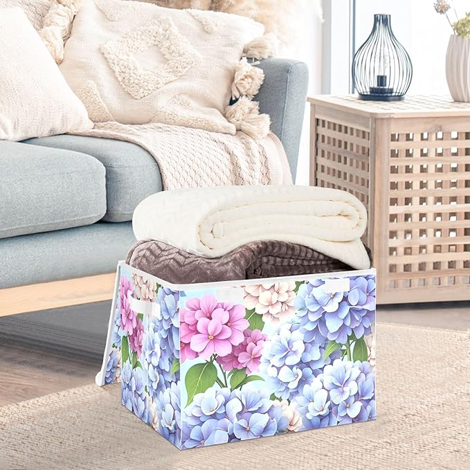 Storage Cube with Lid Florals Blue Print 16.5×12.6×11.8 IN Collapsible Large Capacity Foldable Storage Basket Bin Organizer