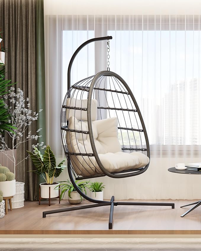 HWB Hanging Egg Chair with Stand Swing Hammock Chair with Cushion for Indoor Outdoor Patio Wicker Egg Swing Chair for Balcony Furniture White