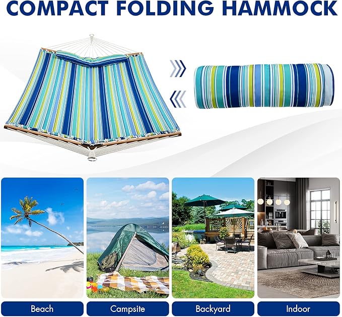 Goplus 10.5 FT Hammock Quilted 2 Person Hammock w/Detachable Pillow 330LBS Capacity Curved Hardwood Spreader BarQuick Dry Fabric Portable Paddled Hammock Swing for Patio Yard Porch Indoor Outdoor
