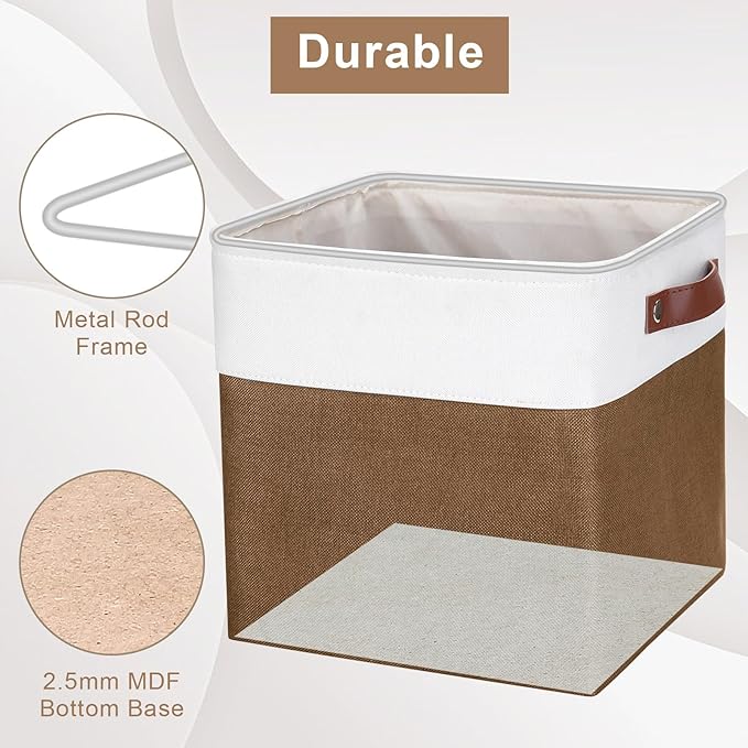 Collapsible Fabric Storage Cubes 11x11 Cube Storage Bins 4 Pack Closet Baskets Box with Handles for Organizing Shelf Toys Clothes Home Office Nursery (Brown&ampWhite)