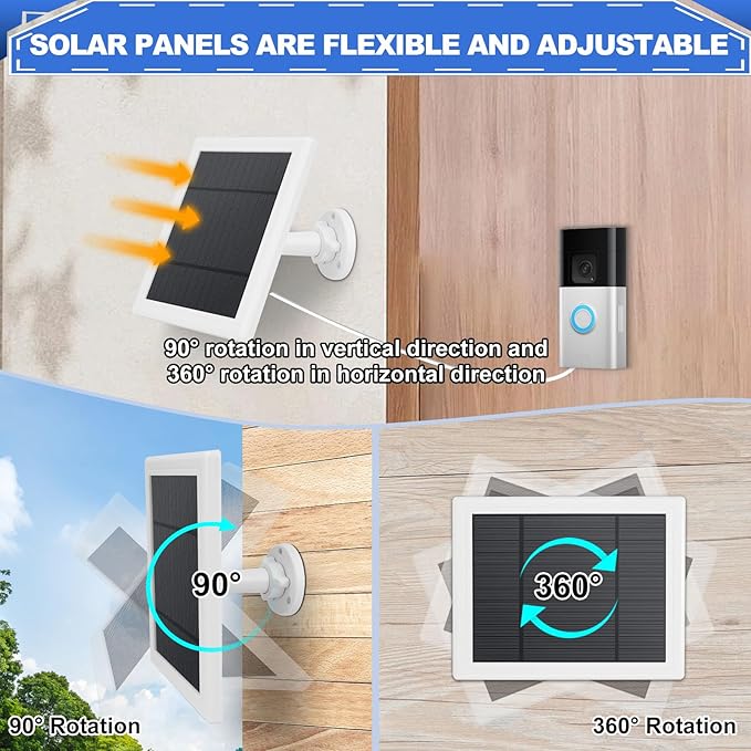 Solar Panel for Ring Doorbell 5W 5V Solar Charger Pefect for Ring Video Doorbell (2nd Gen - 2020 Release) Micro USB Port IP65 16.4ft Waterproof Charging Cable 360°Adjustable Mount