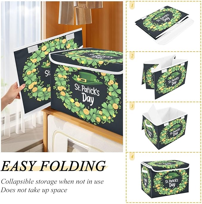 Doodle St. Patrick's Day Pattern Foldable Storage Baskets Fabric Boxes with Handle Organizers with Flip-Top Lids Storage Bins for Home Bedroom Office