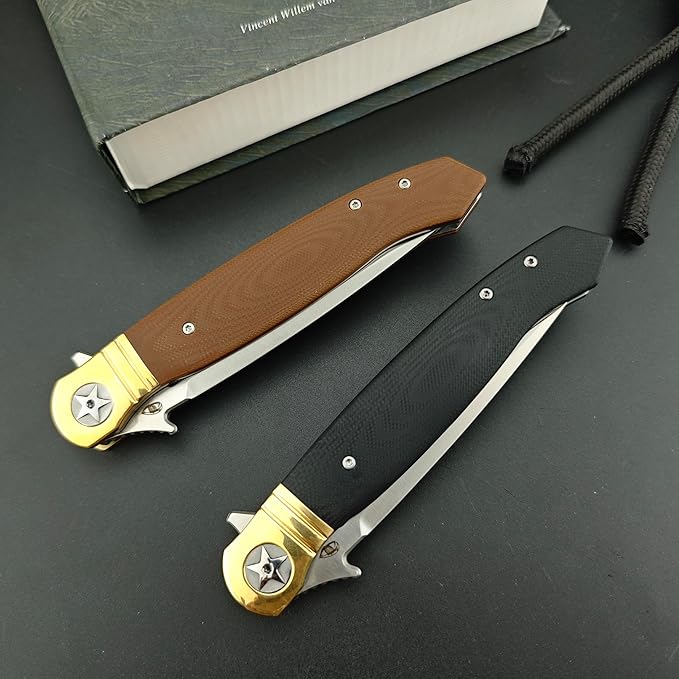 10 Large Finka-NKVD Flipper Opening Pocket KnifeFolding Knives with Clip and Liner Lock440C Blade and Brown G10 HandleEDC Tool for CampingHikingFishing (Black)