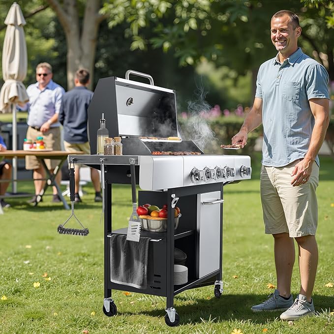 HUGROVE Propane Gas BBQ Grill with Side Burner &amp Wheels 50000 BTU Output Stainless Steel Barbecue Grill for Backyard &amp Outdoor Cooking Easy to Assemble (Silver)