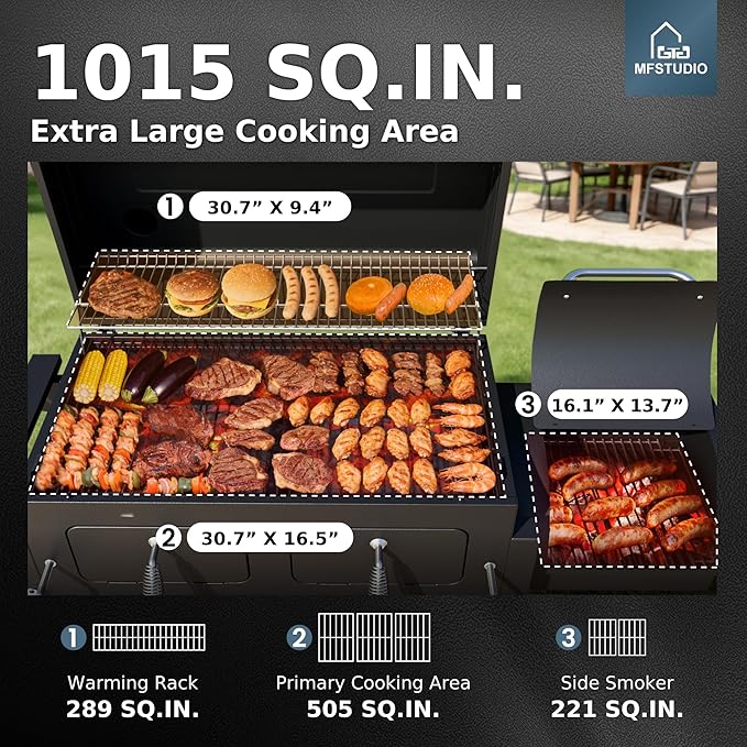MFSTUDIO 49 2 in 1 Charcoal Grill &amp Smoker Combo Outdoor Grill with Enamel Coated Charcoal Tray 1015 SQ.IN Cooking Area Adjustable Top Vent and Chimney for Outdoor Grilling