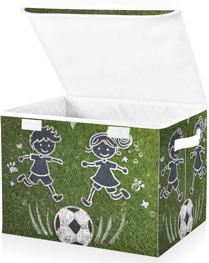Green Kids Soccer Grass Star Storage Box with Lid 1 PC Foldable Storage Bin with Lids Stackable Storage Bins Cube Closet Organizer Basket with Flip-Top Lid &amp Handles for Shoes Books Towels