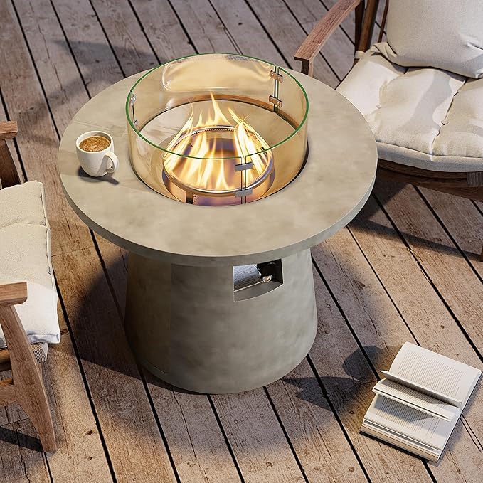 HOMPUS Outdoor Fire Pit Gray Propane Fire Table 31 inch Round Concrete Propane Fire Pit with Rain Cover 40000 BTU Gas Smokeless Firepit for Outside PatioGardenDeckBackyard