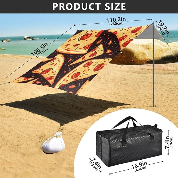 ALAZA Yellow Pizza Food Print Beach Tent Sun Shelter Portable Canopy Sunshade for Outdoor Camping Picnics Backyard Fun 10x9 ft