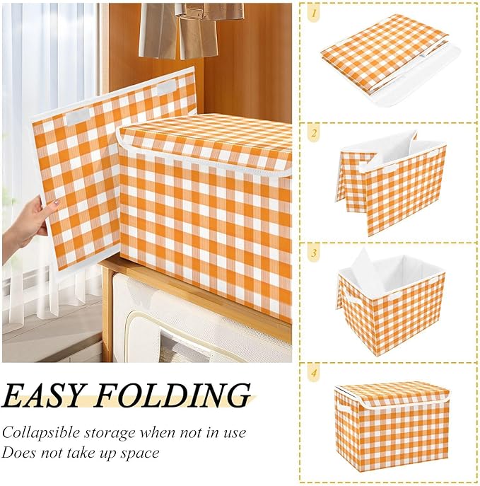 Orange Gingham Checkered Storage Box with Lid 1 PC Foldable Storage Bin with Lids Stackable Storage Bins Cube Closet Organizer Basket with Flip-Top Lid &amp Handles for Shoes Books Towels