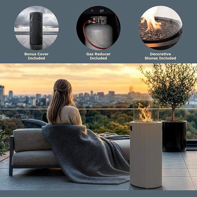 Planika BINO Outdoor Gas Fireplace - Fire Column with Glass Shield for Patio or Gardens (Outdoor Cover Incl) (Grey)