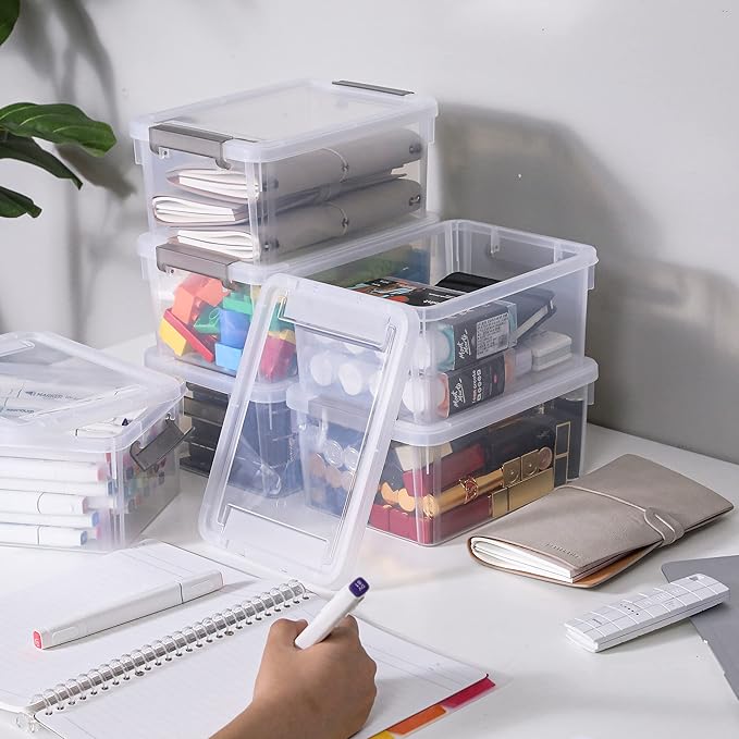 Anywish Small Storage Bins with Lids 3.2 QT Plastic Storage Containers for Organizing Stackable Clear Storage BoxesClear White(6 Packs)
