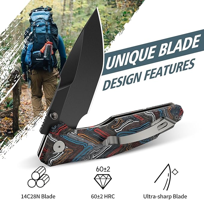 FINTISO Pocket Knife 3.26 Premium 14C28N Titanium Blade Colorful G10 Handle with Fire Starter Function Folding Knife with Pocket Clip for Men Women EDC Knife for Outdoor Camping Hunting Hiking