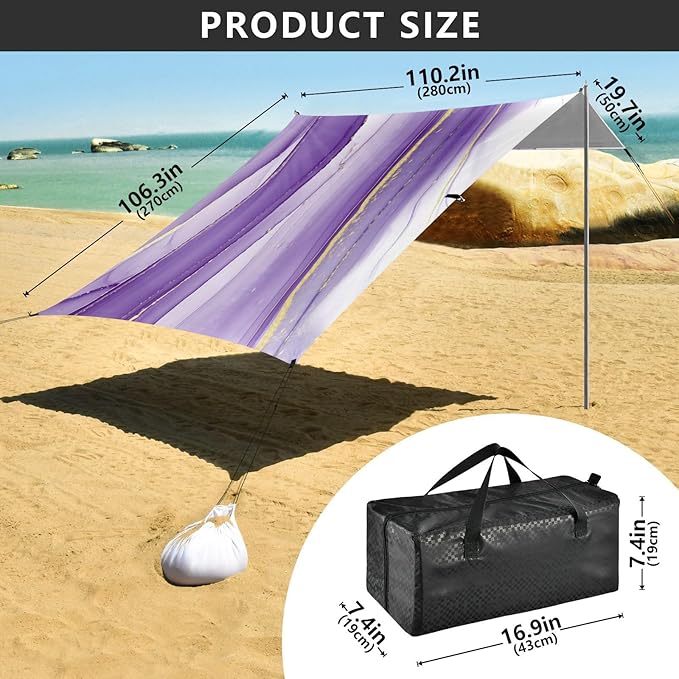 xigua Purple Texture Beach Tent Sun Shelter with Carrying Bag - Silver Coated Oxford Fabric Beach Canopy for Beach Camping Fishing - Includes Windproof Ropes Sandbags &amp Stakes