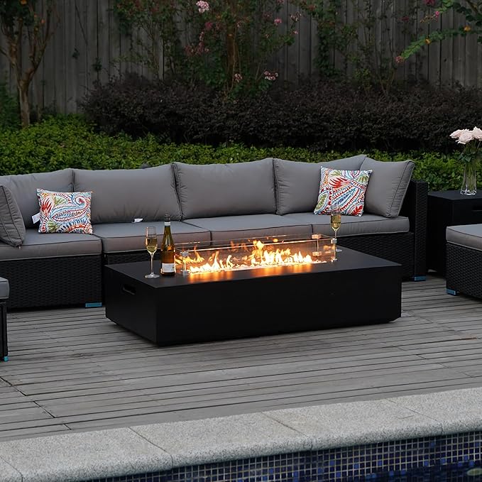 NAGA HABNA 56 Inch Propane Fire Pit Table Rectangle Outdoor Fire Table w Tank Table (50000 BTU) 3 Piece Gas Fire Pit in Black w Glass Wind Guard and White Fire Glass for Garden Pool Backyard