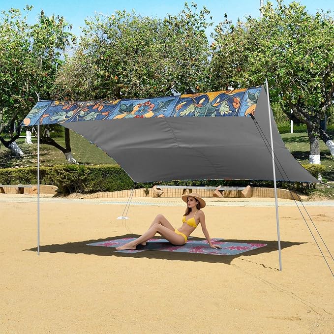 Bohemian Boho Vintage Mandala Style Flower Beach Cabana UPF50+ Protection Waterproof Portable Sun Shelter Includes Sand Shovel Sandbags Stability Poles for Camping Trips Fishing Backyard