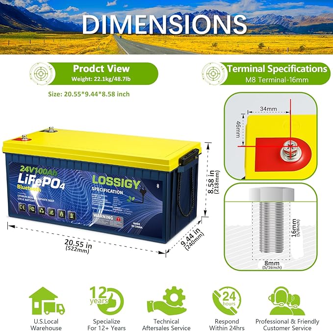 LOSSIGY 24V 100Ah Lithium Battery - 2560Wh Built-in 100A BMS with Bluetooth Deep Cycle Power Supply for Solar System RV Off-Grid Marine Trolling Motor