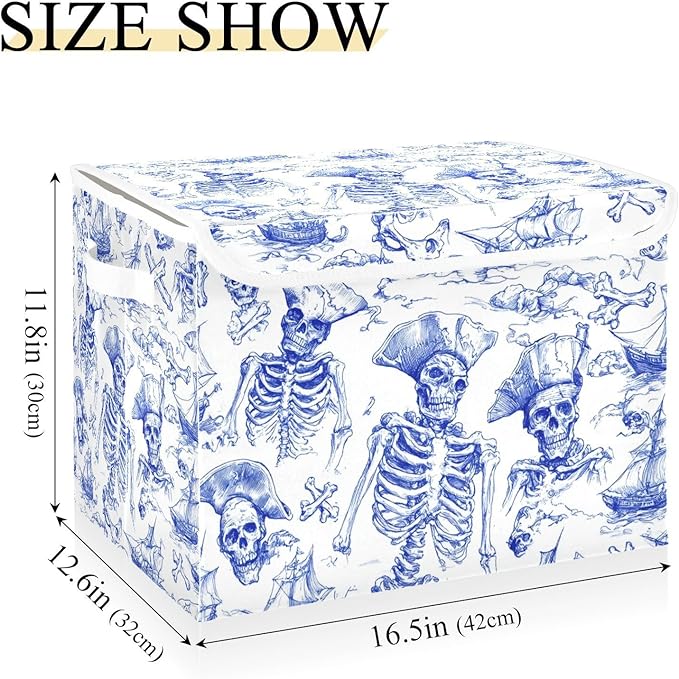 Collapsible Storage Bins with Lids Decorative Fabric Storage Cubes Closet Organizer and Storage Basket Boxes Containers for Clothes Box Chest Nursery Folding Rectangle Retro Blue Skull Pirate