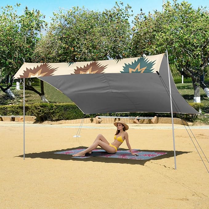 xigua Boho Tribal Aztec Beach Tent Sun Shelter with Carrying Bag - Silver Coated Oxford Fabric Beach Canopy for Beach Camping Fishing - Includes Windproof Ropes Sandbags &amp Stakes