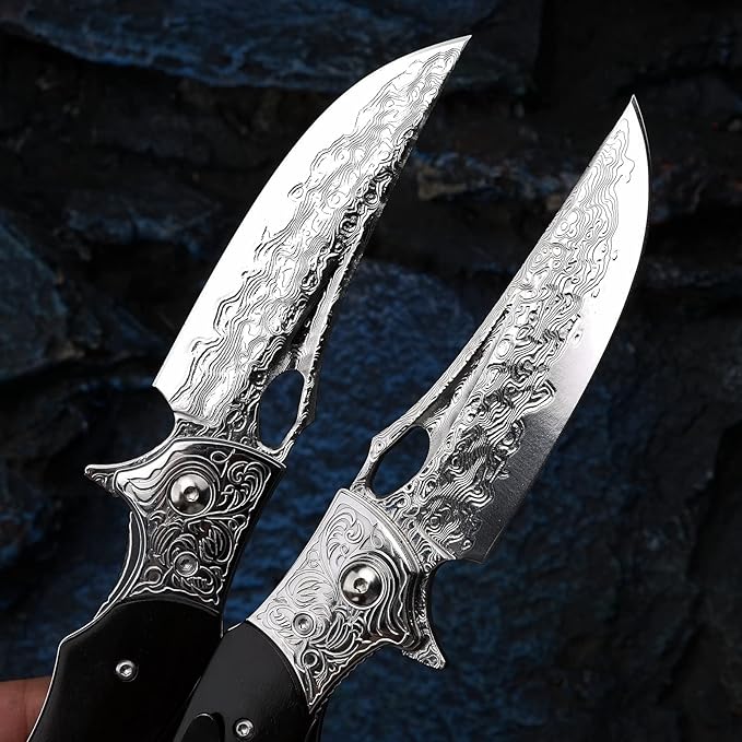 3.5 inch Japanese VG10 Damascus Steel Outdoor Folding Knife with Black Wood Handle Lined Lock EDC &amp Camping Use