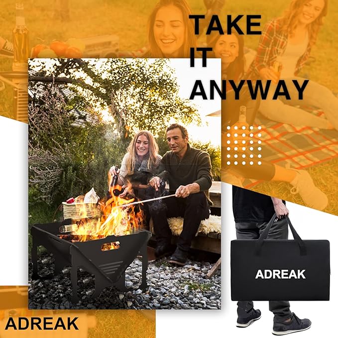 20 inch Fire Pit Outdoor Portable Firepit with BBQ Tray Detachable Camping Steel Fire Pits for Backyard Patio Picnic Bonfire Garden (Black-Large)