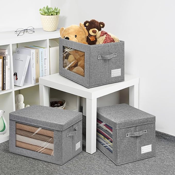 4-Pack Fabric Storage Bins with Lids Foldable Storage Boxes with Handles &amp Clear Window Closet Organizers for Clothes Books (Grey 4PCS/14.9 x 9.8 x 9.8 in)