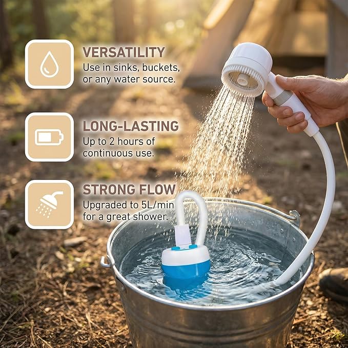 Portable Camping Shower Pump with Rechargeable Battery Outdoor Shower Head Sprayer for Hiking Travel Car Washing &amp Pet Cleaning