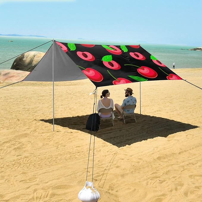 Beach Canopy with Windproof Ropes &amp Sandbags Beach Tent Sun Shade Sun Shelter for Camping Trips Fishing Backyard Fun or Picnics Red Cherries