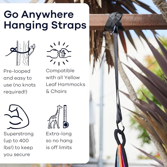 Go Anywhere Hammock Straps by Yellow Leaf Hammocks -Set of Two Nylon Straps Each 12 Feet Long 400lb Max - Easy to use Pre-Looped Tree Friendly Super Strong Color: Black