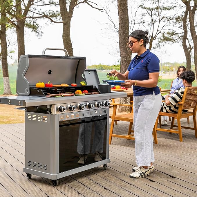 2 in 1 Propane Griddle Grill Combo 6-Burner Propane Gas BBQ Grill with Porcelain-Enameled Cast Iron Grates &amp Plate 42000 BTU Combo Grill with Side Stove for Outdoor Cooking Camping Patio Backya