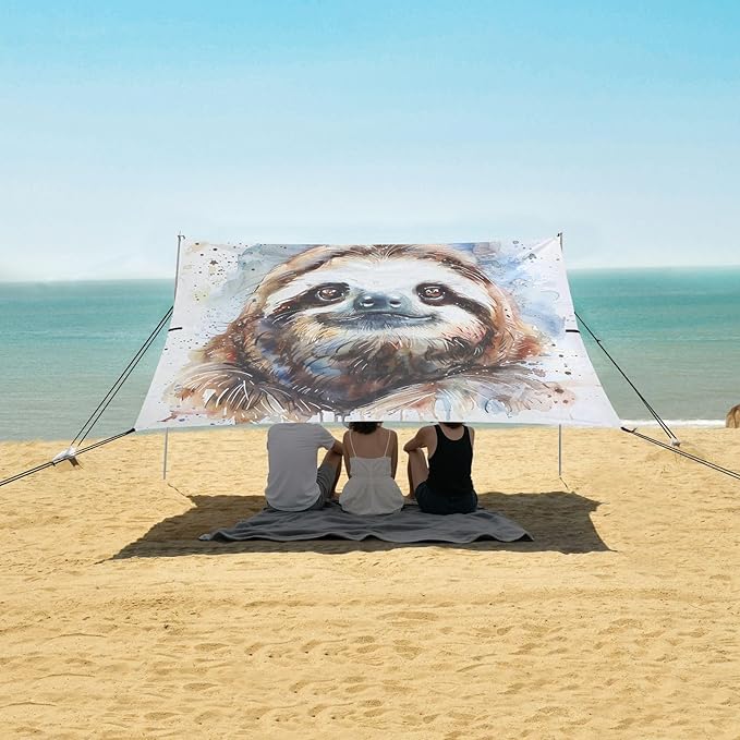 ALAZA Sloth Portrait Watercolour Beach Tent Sun Shelter UPF50+ Protection Beach Shade Canopy w/ 4 Sandbags for Outdoor Camping Fishing Backyard Fun Picnic 10x9 ft