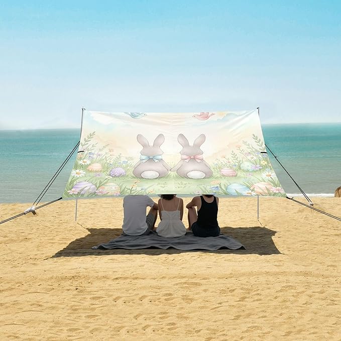 Easter Bunny Beach Canopy Sun Shelter with Sandbags &amp Sand Shovel &amp Windproof Ropes - Portable 110x126 Beach Shade Beach Tent for Camping Picnics