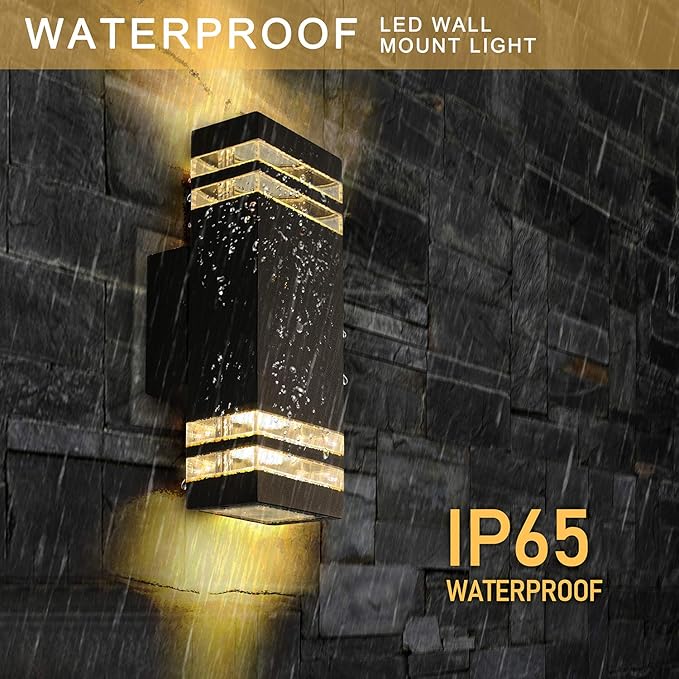 LANFU LED Wall Sconce Waterproof Porch Light 12W (Upgrade Dusk to Dawn Sensor) Black Modern Waterproof Wall Lamps 1000 Lumen2700k Warm White IP65 Waterproof Outdoor Up/Down Light (1 PCS)