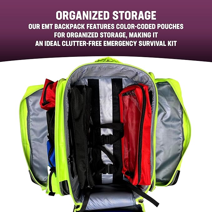 Kemp USA Ultimate EMS Backpack Neon Green Emergency Response Medical Bag Fluid Resistant Tarpaulin EMT Storage Fits BLS ALS Equipment D Tank Oxygen Cylinder Professional Field Use