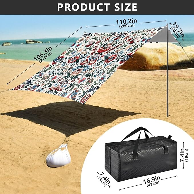 Ethnic Floral Texture Beach Tent Sun Shelter Set UPF50+ UV Protection 10.5 x 9.19 FT Camping Shade Canopy with Sandbags Sand Anchors Carrying Bag and Others