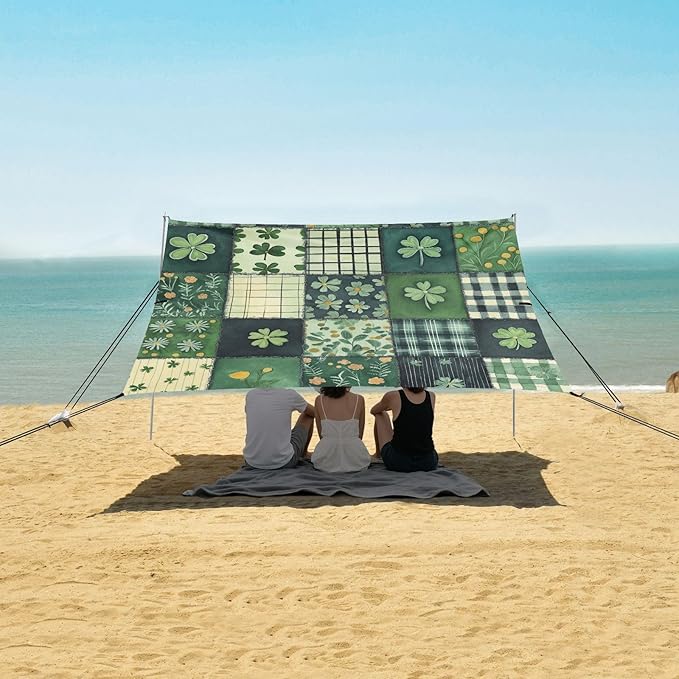 St Patrick's Green Plaid Beach Tent Sun Shelter Set UPF50+ UV Protection 10.5 x 9.19 FT Camping Shade Canopy with Sandbags Sand Anchors Carrying Bag and Others