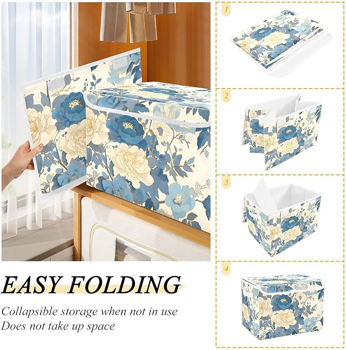 Blue White Peony Lidded Storage Bins with Handles - 16.5x12.6x11.8 Foldable Organizing Box Oxford Fabric &amp Honeycomb Board Dust-Proof Flip Lid for Closet/Office