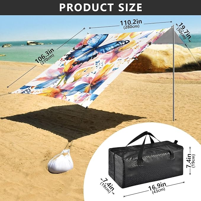 ALAZA Butterfly Colorful Iris Flowers Beach Tent Sun Shelter UPF50+ Protection Beach Shade Canopy w/ 4 Sandbags for Outdoor Camping Fishing Backyard Fun Picnic 10x9 ft