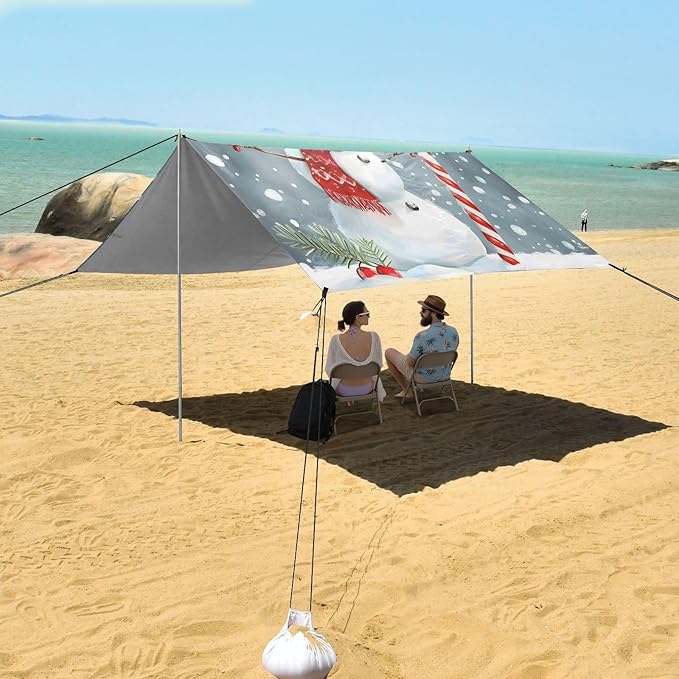 ALAZA Christmas Snowman Beach Tent Sun Shelter UPF50+ Protection Beach Shade Canopy w/ 4 Sandbags for Outdoor Camping Fishing Backyard Fun Picnic 10x9 ft