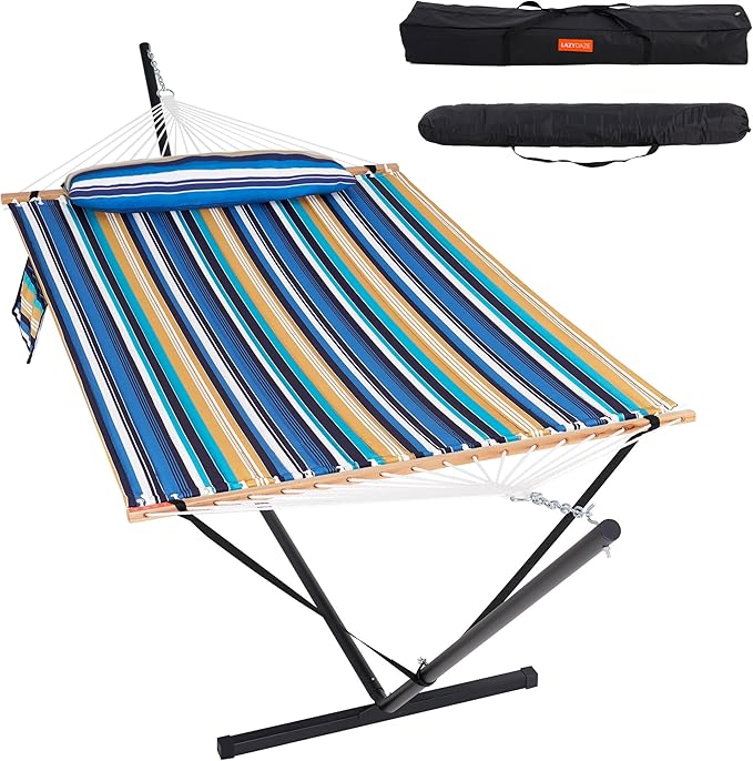 Lazy Daze Hammocks 2 Person Portable Hammock with 12FT Stand for Outside Quilted Double Hammock with Spreader Bar and Detachable Pillow 450lbs Capacity Perfect for Outdoor Patio Beach Stripes
