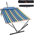 Lazy Daze Hammocks 2 Person Portable Hammock with 12FT Stand for Outside Quilted Double Hammock with Spreader Bar and Detachable Pillow 450lbs Capacity Perfect for Outdoor Patio Beach Stripes